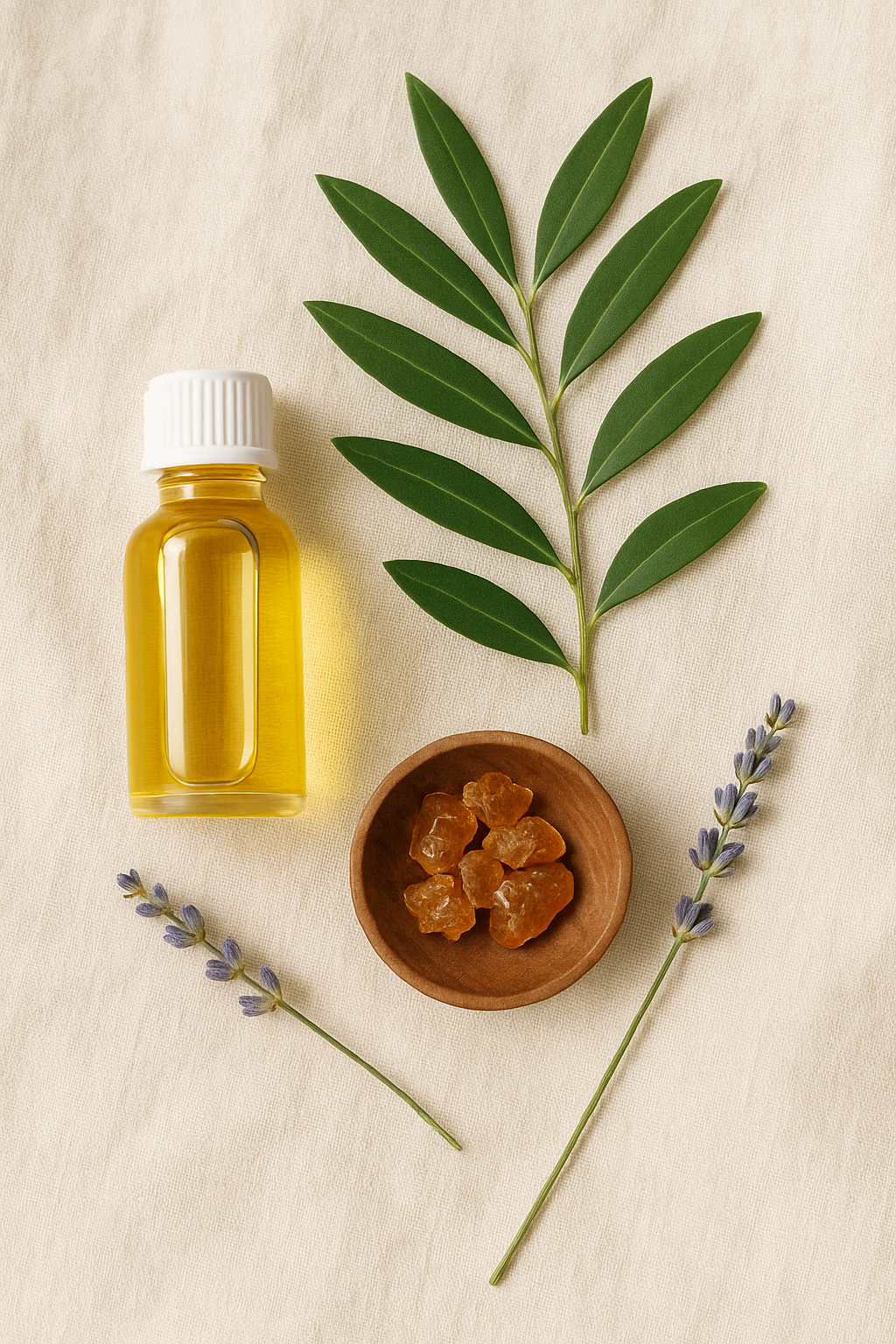 Natural skincare ingredients flat lay with oil bottle, green leaves, lavender sprigs and resin chunks on beige fabric